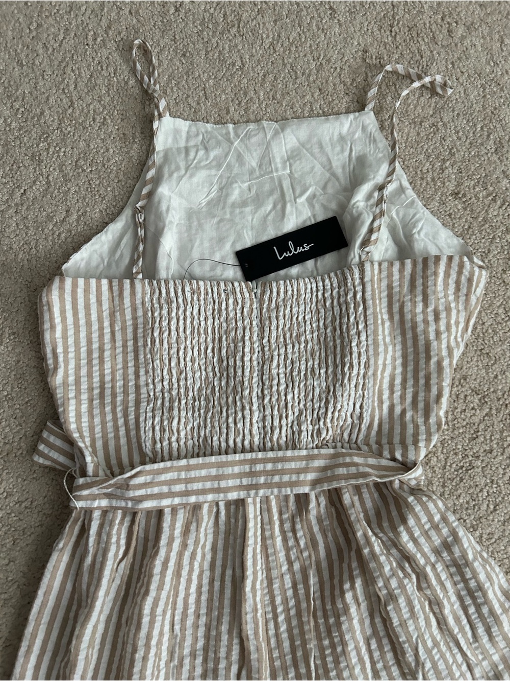Striped Beige and White Wide-Leg Jumpsuit with Tie Waist - Picture 5 of 6
